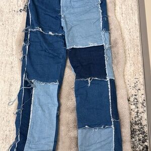 Fashion Nova Patchwork Flare Jeans - Blue